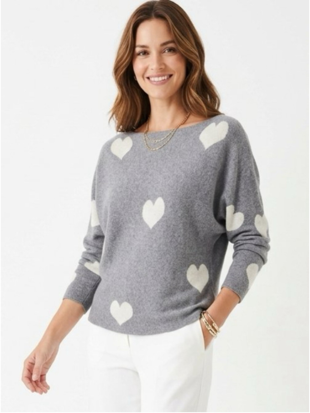 Gray Heart-Print Boatneck Scoop Neck Sweater 358 comfort stretch valentine chic
